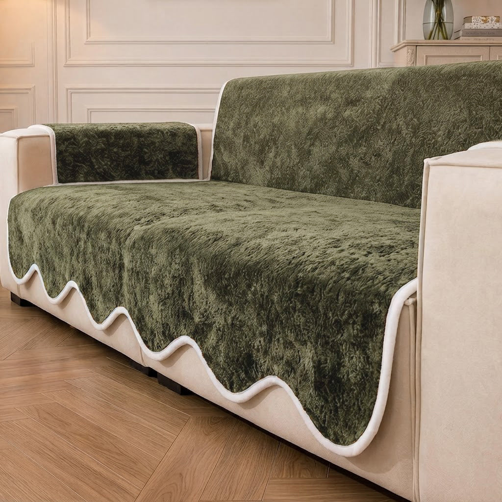 Waterproof Plush Velvet Contrast Wavy Edge Couch Cover