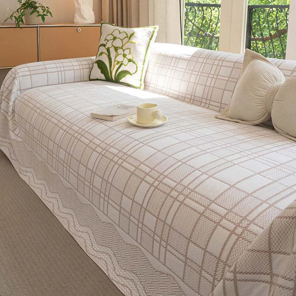 Checkered Pattern Breathable Chenille Sofa Protection Couch Cover