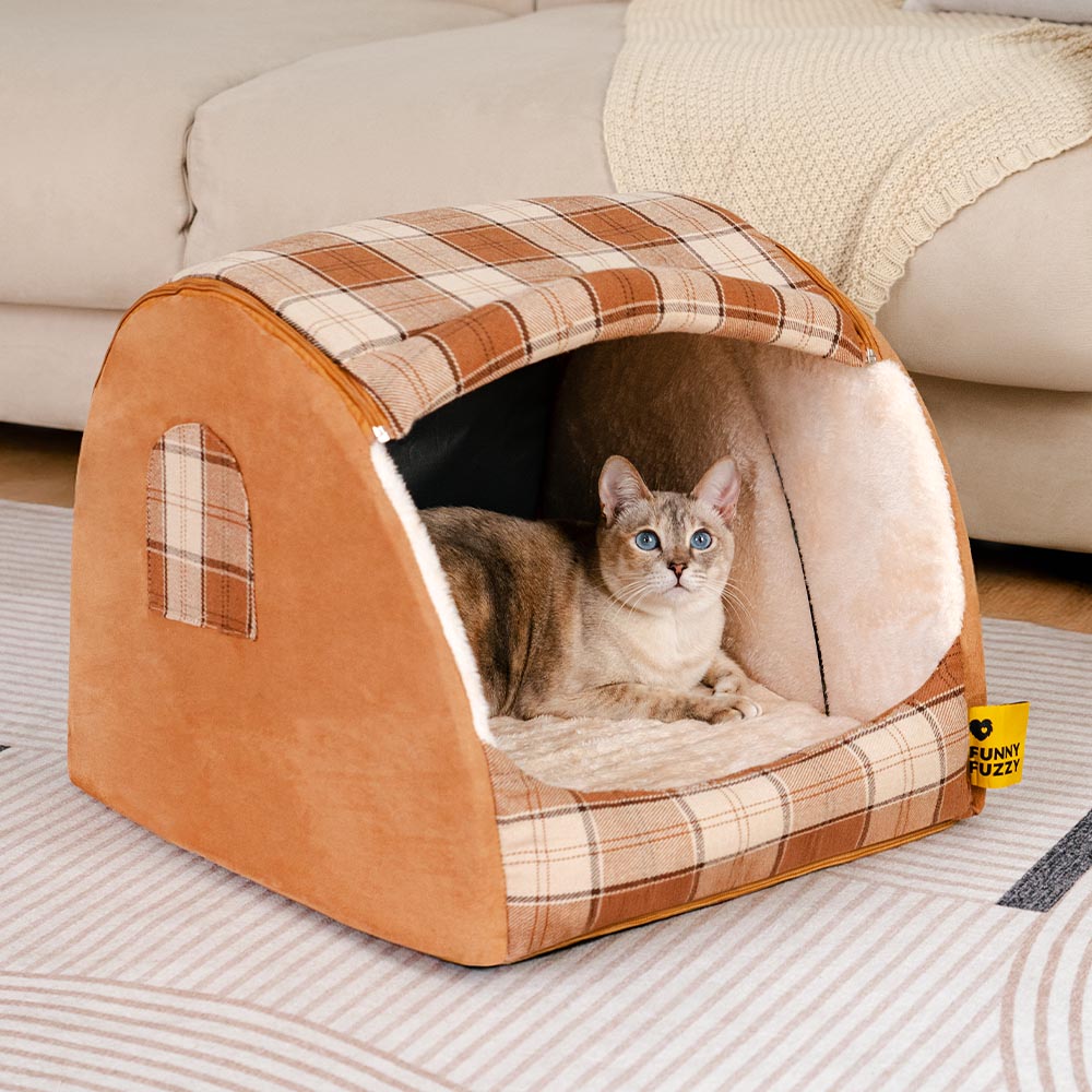 Classical Plaid House Orthopaedic Cat Bed - Retreat Cabin