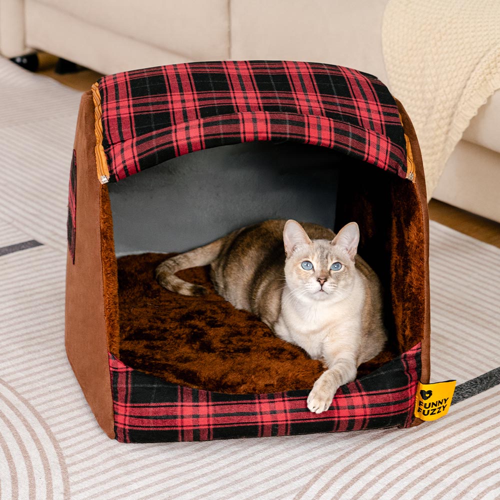 Classical Plaid House Orthopaedic Cat Bed - Retreat Cabin