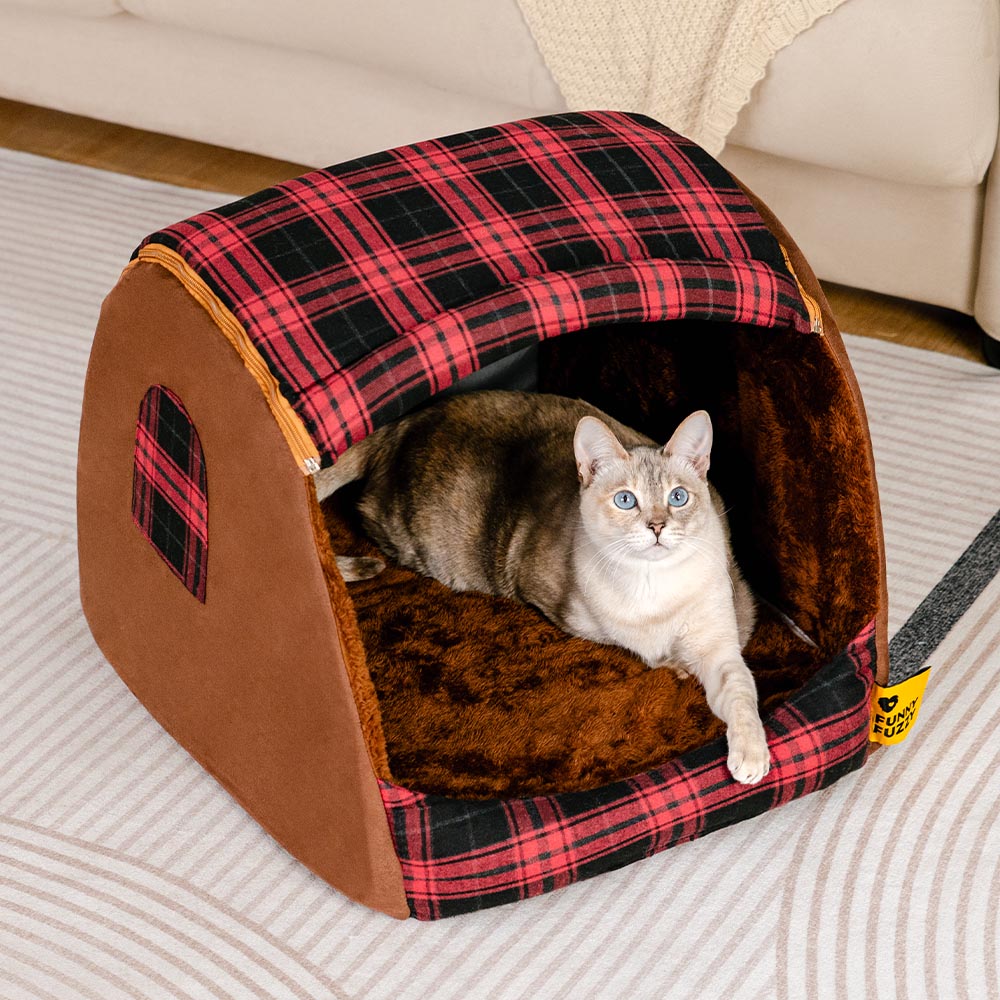 Classical Plaid House Orthopaedic Cat Bed - Retreat Cabin