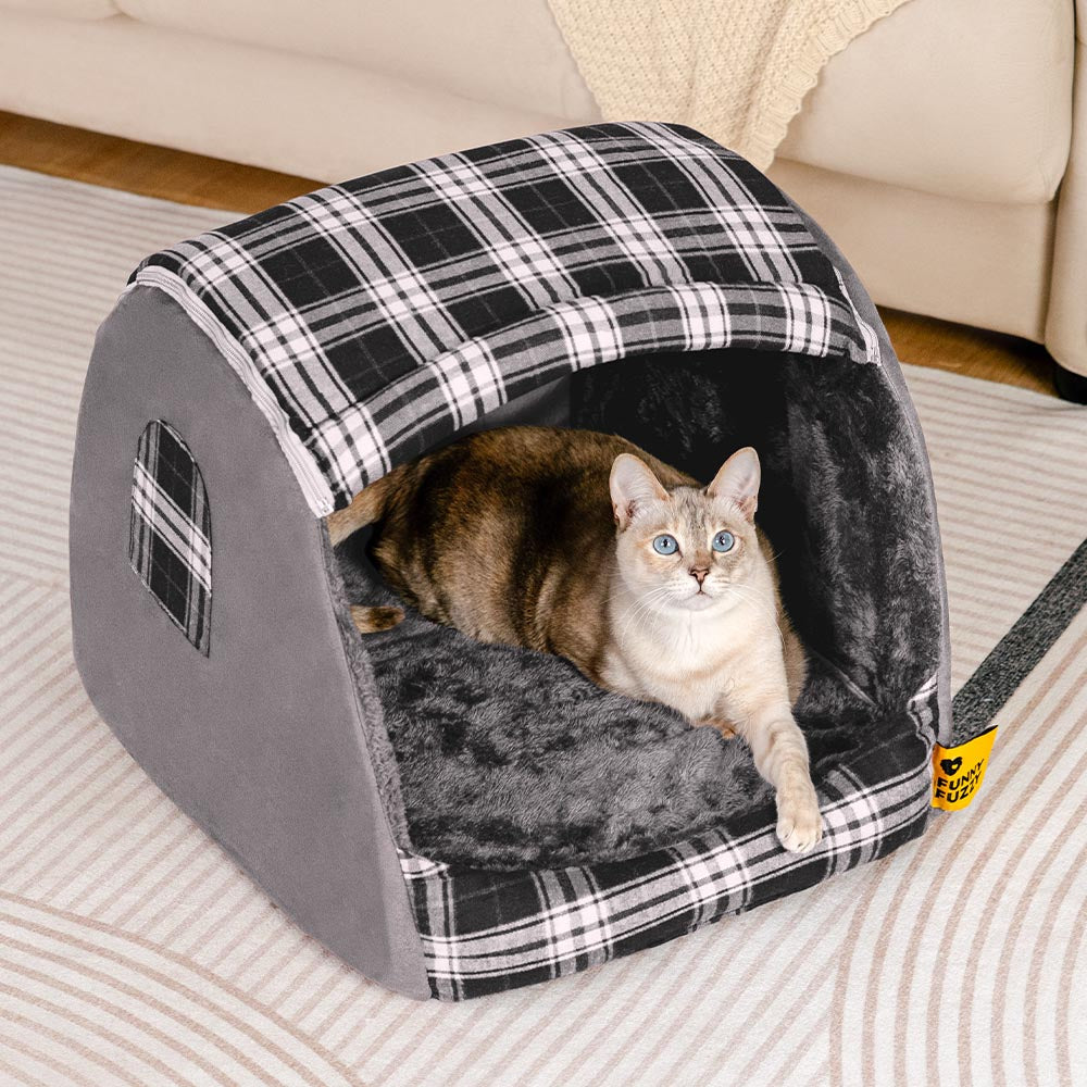 Classical Plaid House Orthopaedic Cat Bed - Retreat Cabin