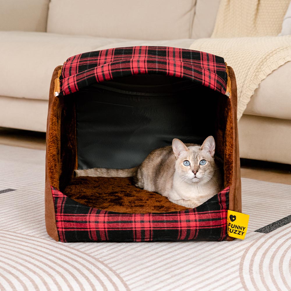 Classical Plaid House Orthopaedic Cat Bed - Retreat Cabin