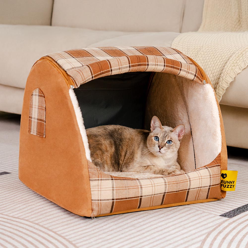 Classical Plaid House Orthopaedic Cat Bed - Retreat Cabin