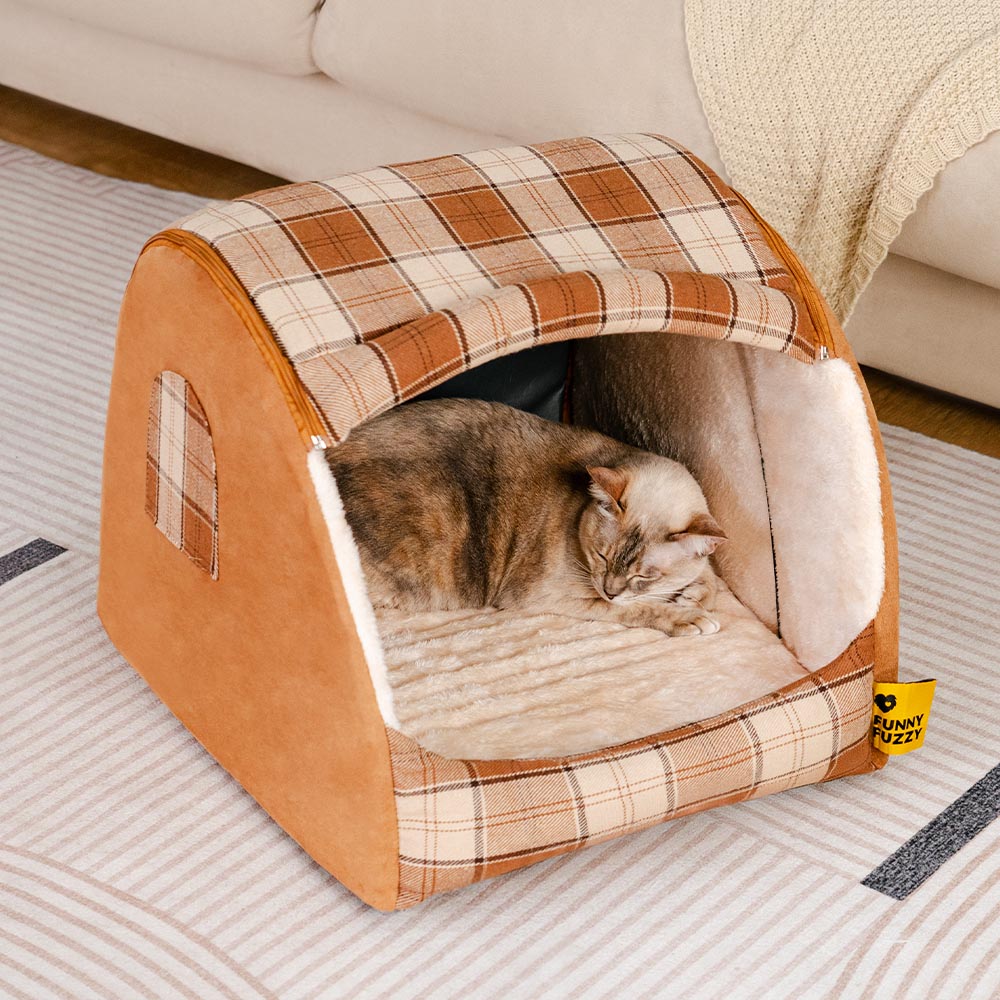 Classical Plaid House Orthopaedic Cat Bed - Retreat Cabin