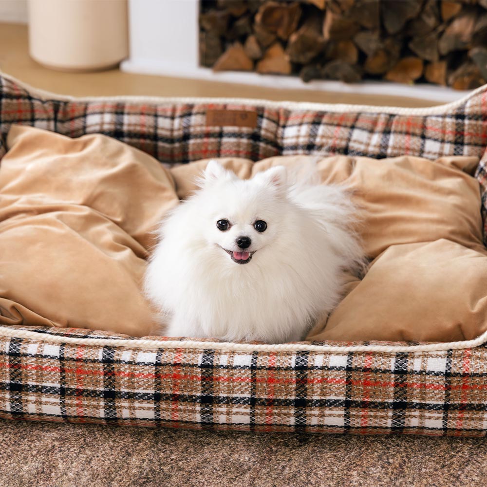 Classical Retro Plaid Removable Bolster Calming Dog Bed - Nostalgic Retreat