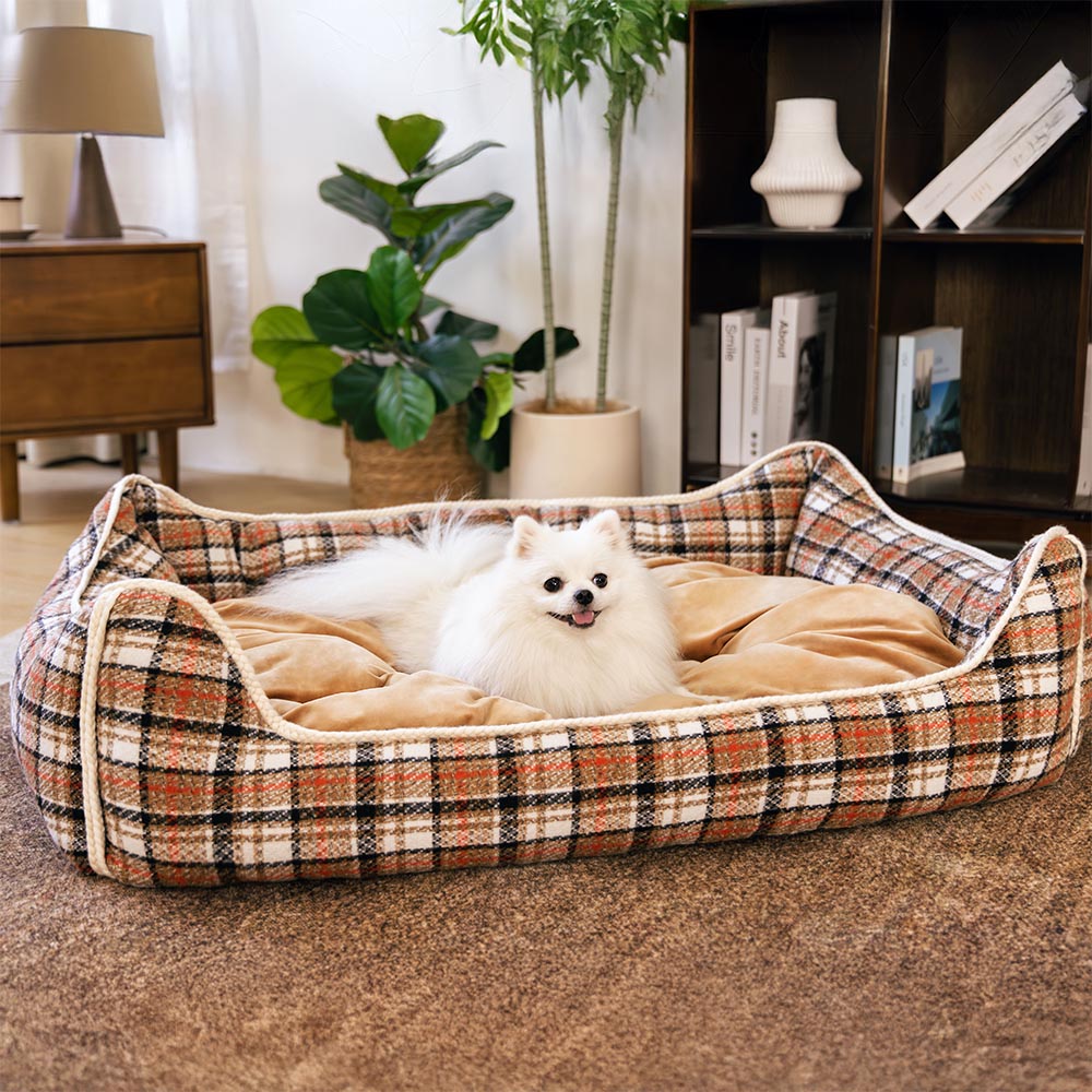 Classical Retro Plaid Removable Bolster Calming Dog Bed - Nostalgic Retreat