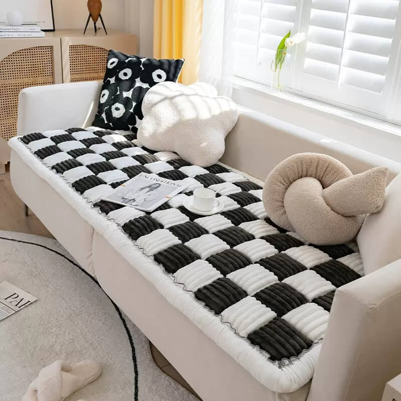 Cream-coloured Large Plaid Square Pet Carpet Bed Couch Cover