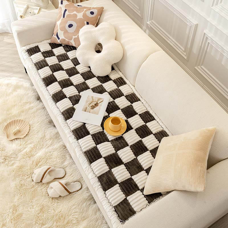 Cream-coloured Large Plaid Square Pet Carpet Bed Couch Cover