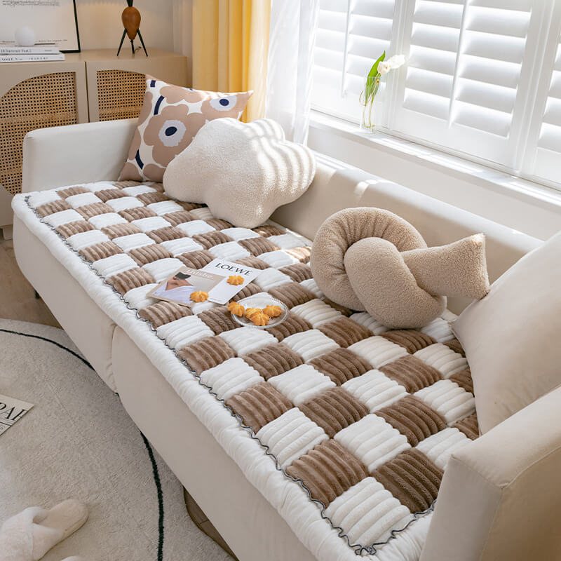 Cream-coloured Large Plaid Square Pet Carpet Bed Couch Cover