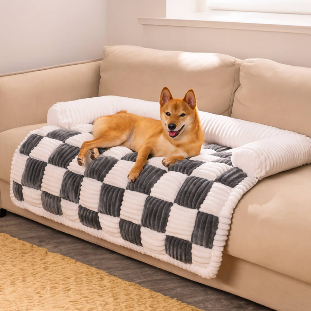 Cream Square Plaid Cosy Dog Mat Furniture Protector Cover