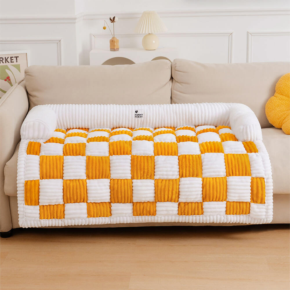 Cream Square Plaid Cosy Dog Mat Furniture Protector Cover