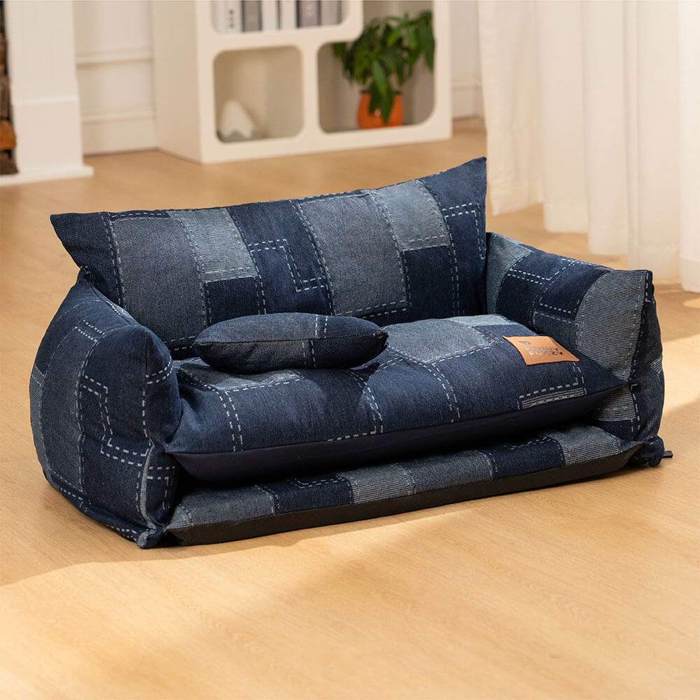 Denim Patchwork Style Pet Double Layer Sofa Dog Sofa Bed