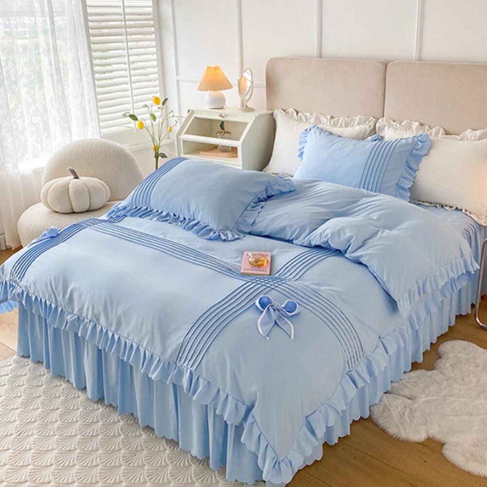 Elegant Bow-Decorated Milk Velvet Comfort Bed Sheet Set with Bed Skirt