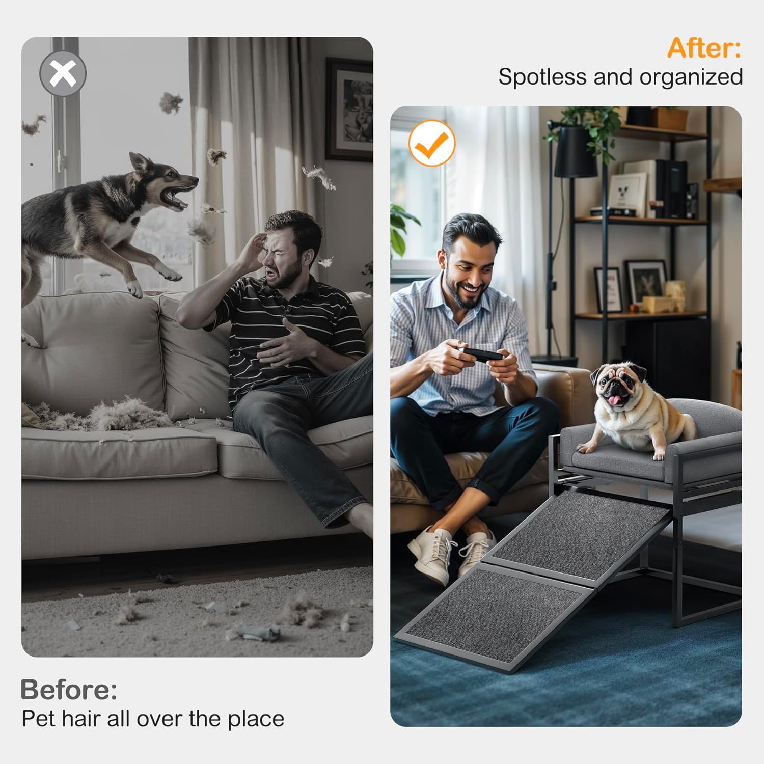 Elevated Pet Sofa Bed with Stairs Ramp for Bedside Lounge or Dog Window Perch - Pet-Friendly Bedroom
