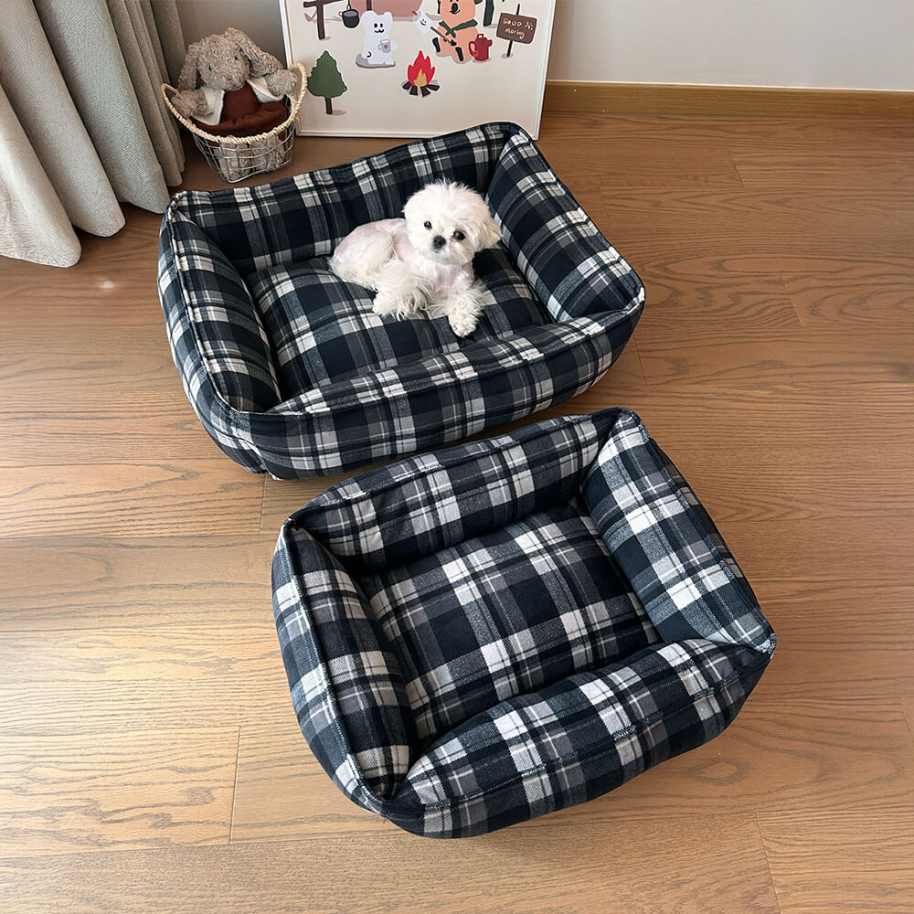 Durable Black Plaid Warm Full Surround Support Dog & Cat Bed