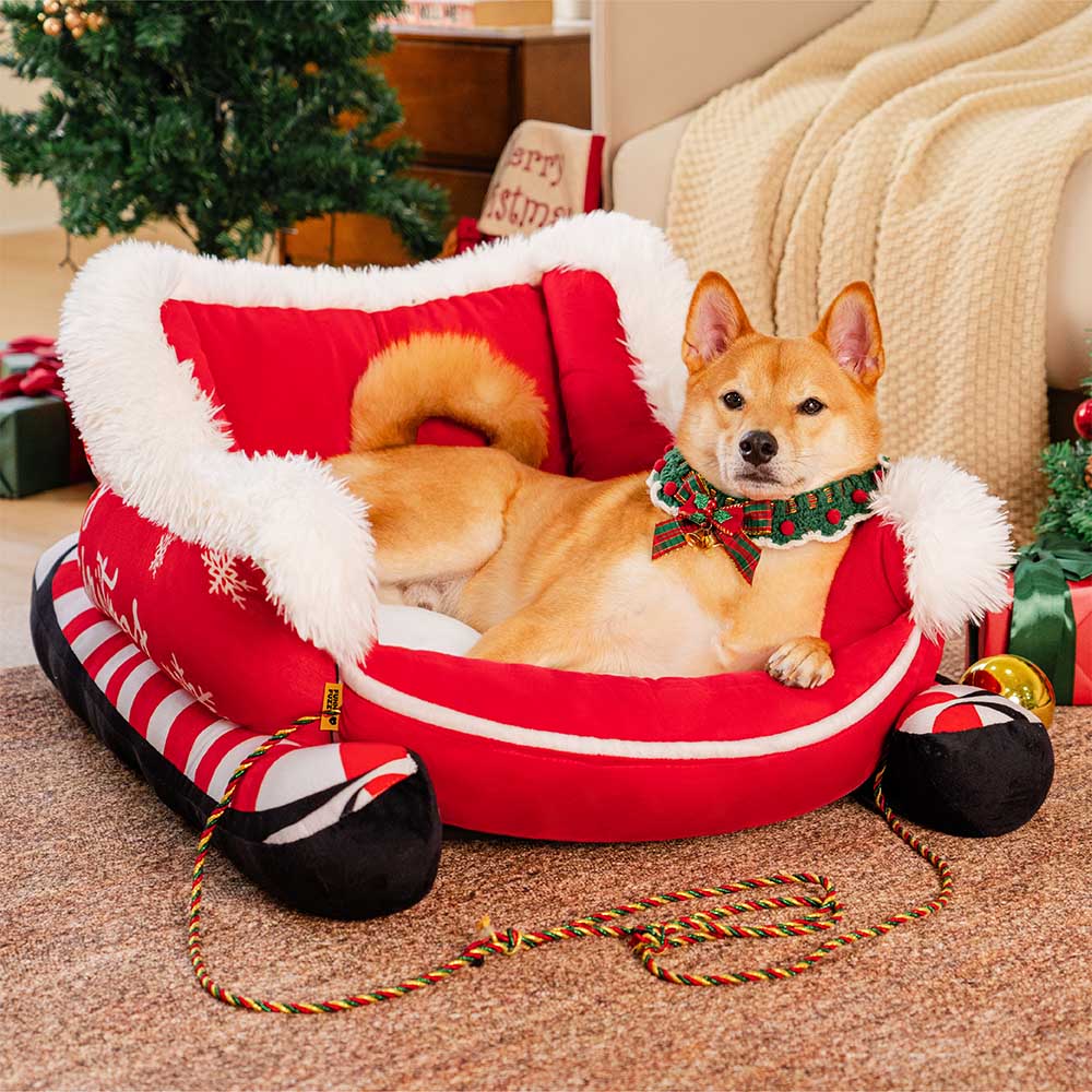 Festive Plush Cozy Dog Bed - Christmas Sleigh