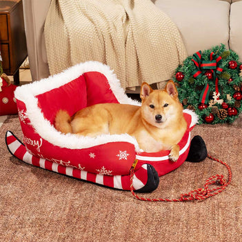 Festive Plush Cosy Dog Bed - Christmas Sleigh