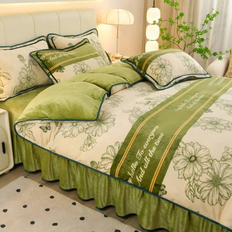 Floral Elegance Milk Velvet Bed Sheet Set with Bed Skirt