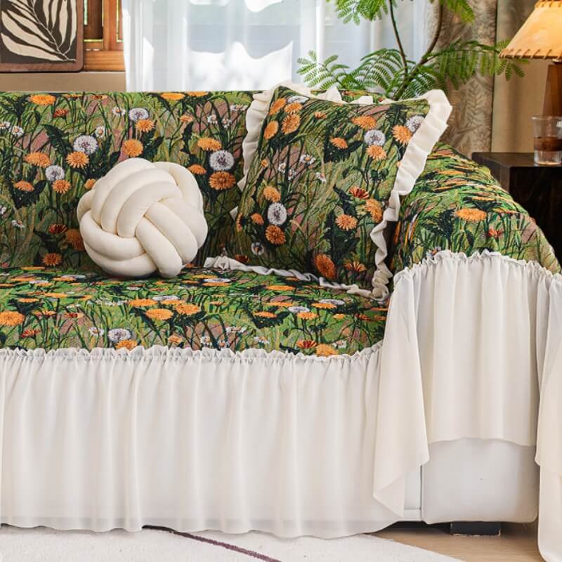 Floral Elegance Ruffled Nature-Inspired Sofa Decoration Couch Cover