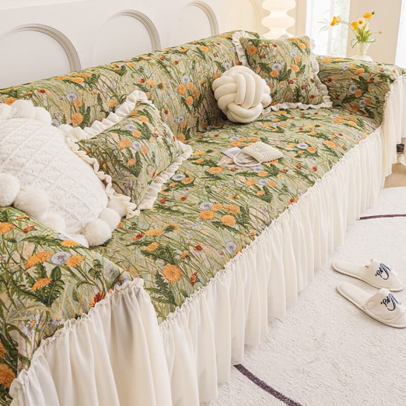 Floral Elegance Ruffled Nature-Inspired Sofa Decoration Couch Cover