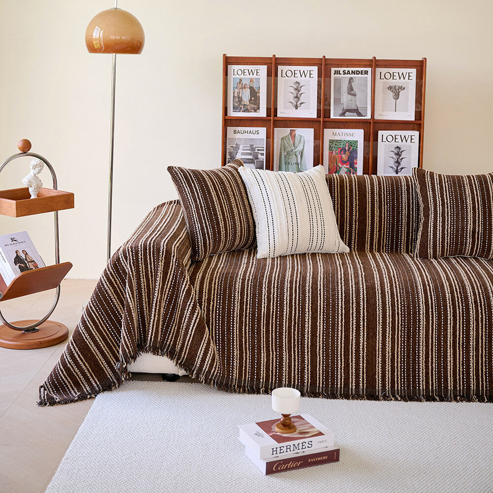 All-Season Striped Tassels Chenille Durable Couch Cover