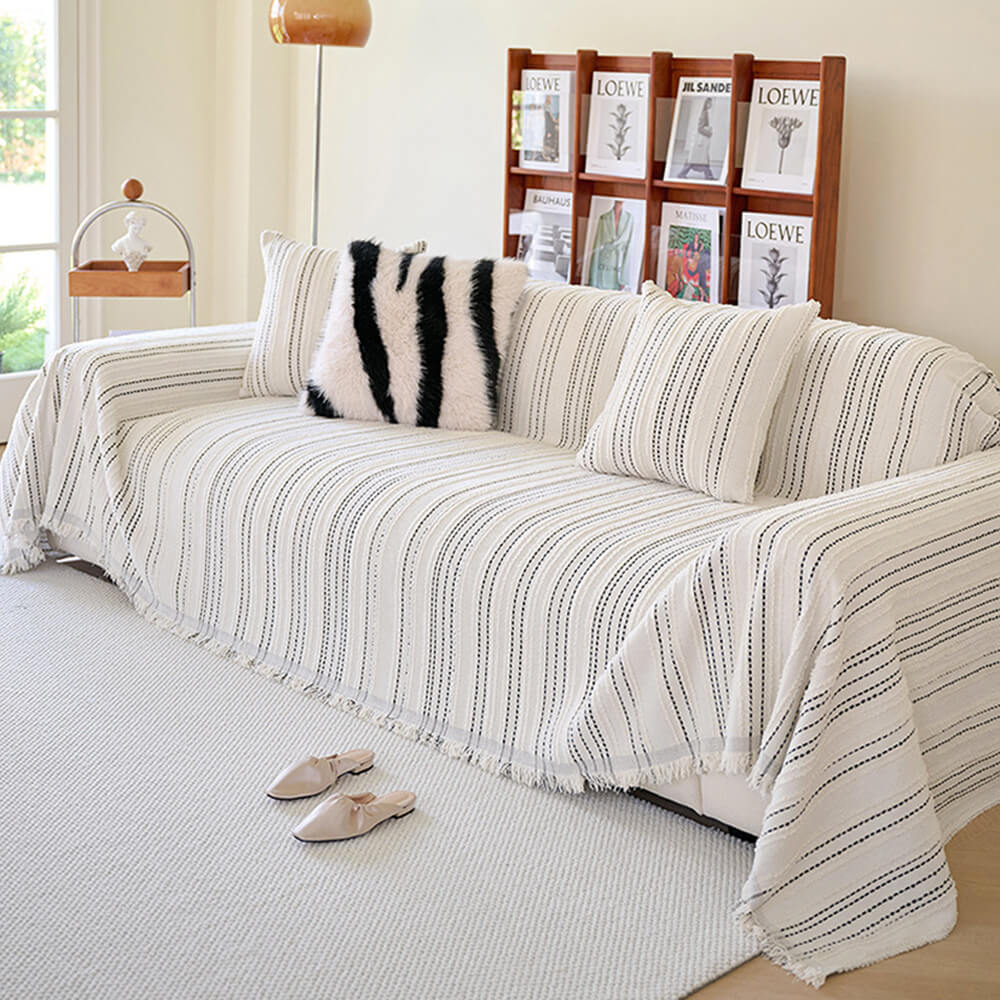 All-Season Striped Tassels Full-Cover Chenille Durable Couch Cover