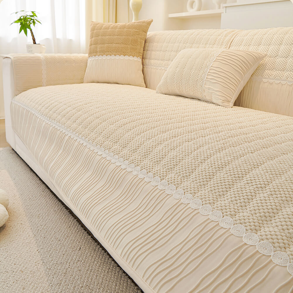 Elegant Soft Plush Grid Stitching Warmth Anti-Slip Couch Cover