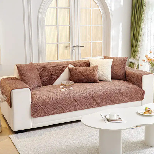 Embossed Geometric Pattern Soft Plush Quilted Non-Slip Couch Cover