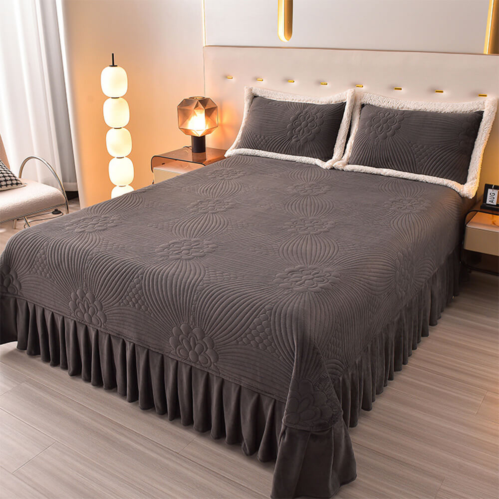 Floral Quilted Cozy Thickened Milk Fleece Bed Skirt Set