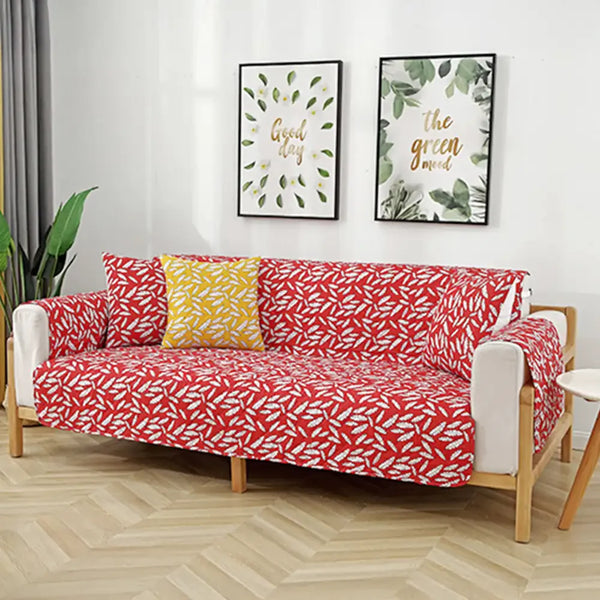Leaf Print Quilted One-Piece Couch Cover with Non-Slip Elastic Straps