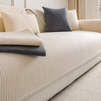 Modern Cream Vertical Stripes Fleece Couch Cover for All Seasons