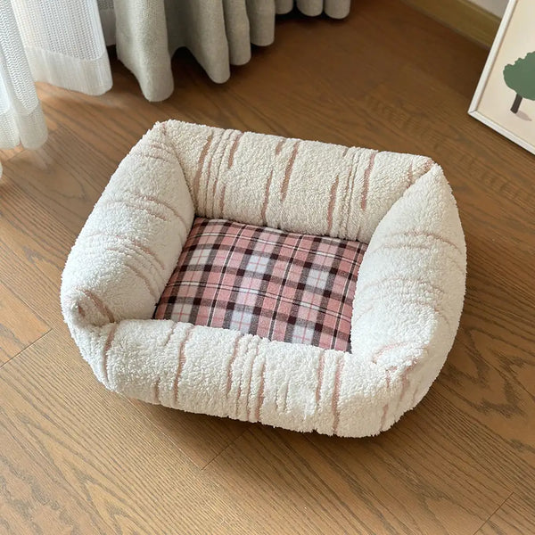 Modern Plaid Plush Thickened Square Calming Dog Bed
