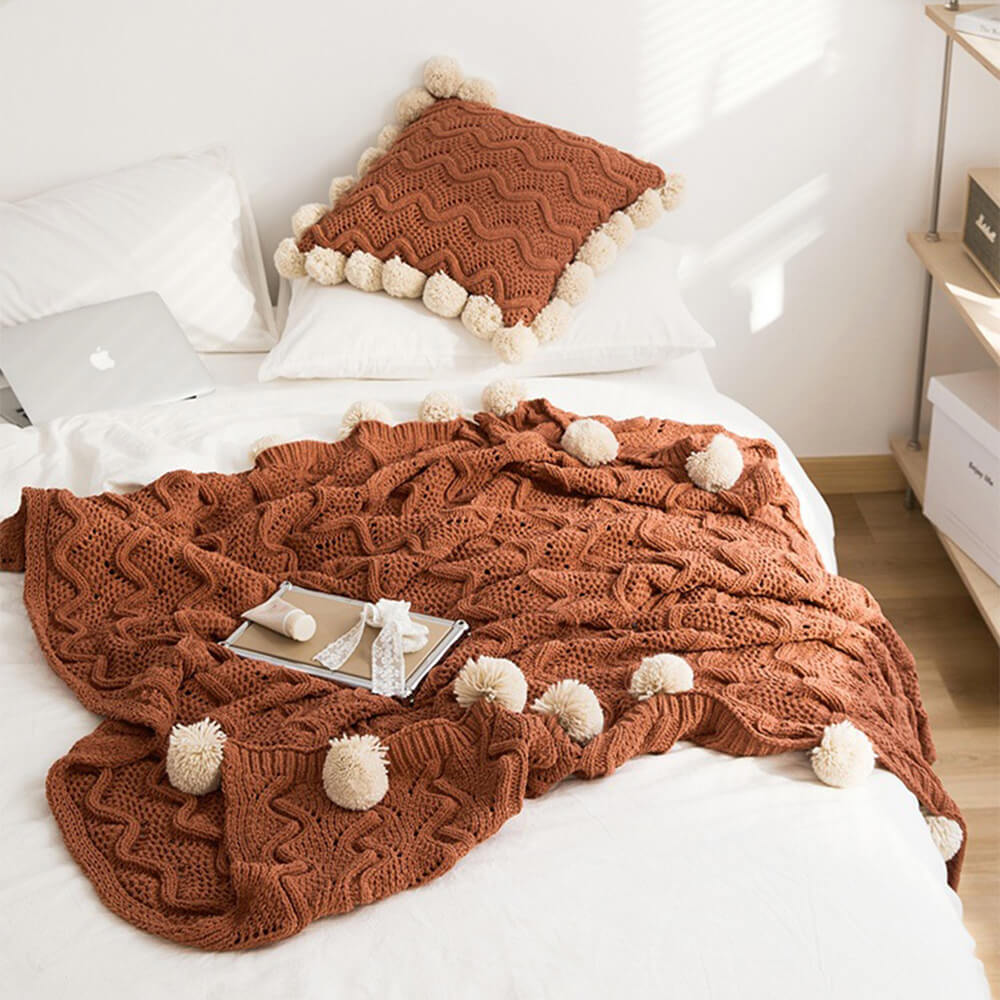 Nordic Style Chenille Pom Pom Cozy Throw Blanket with Pillowcase