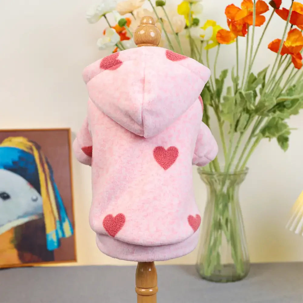 Pink Heart Print Hooded Long-Sleeve Dog Sweatshirt
