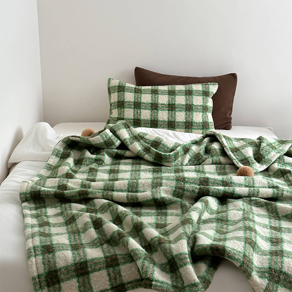 Refined Plaid Faux Lambswool Pom-Pom Home Throw Blanket