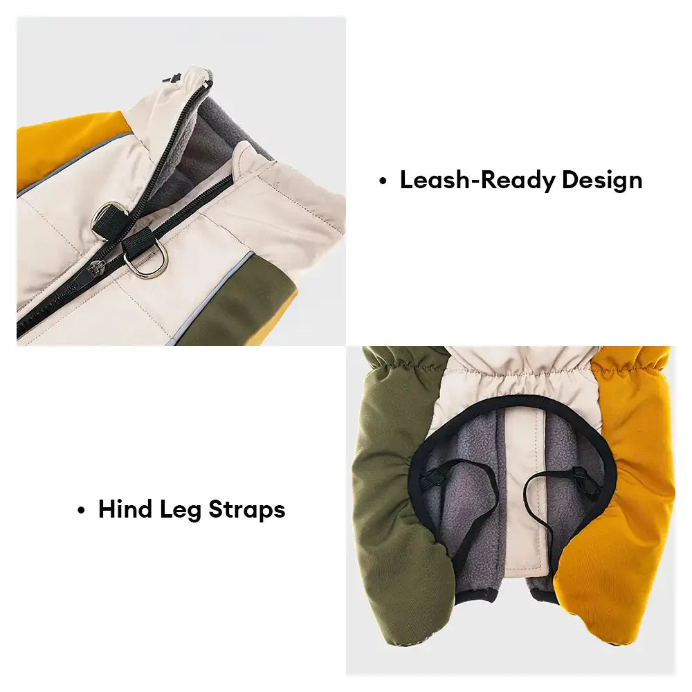 Retro Color-Block Fleece-Lined Warm Dog Coat with Leash Buckle