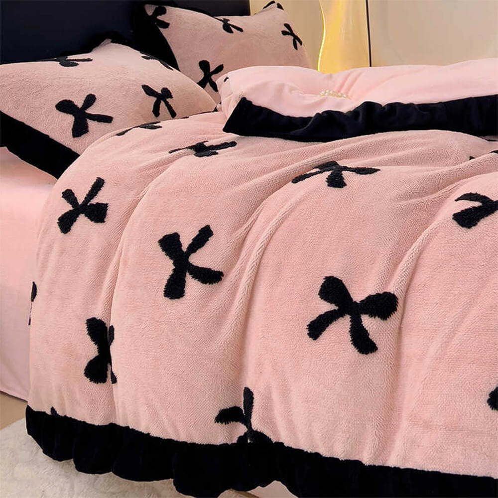 Romantic Bow knot Anti-Static Warm Milk Velvet Bed Sheet Set