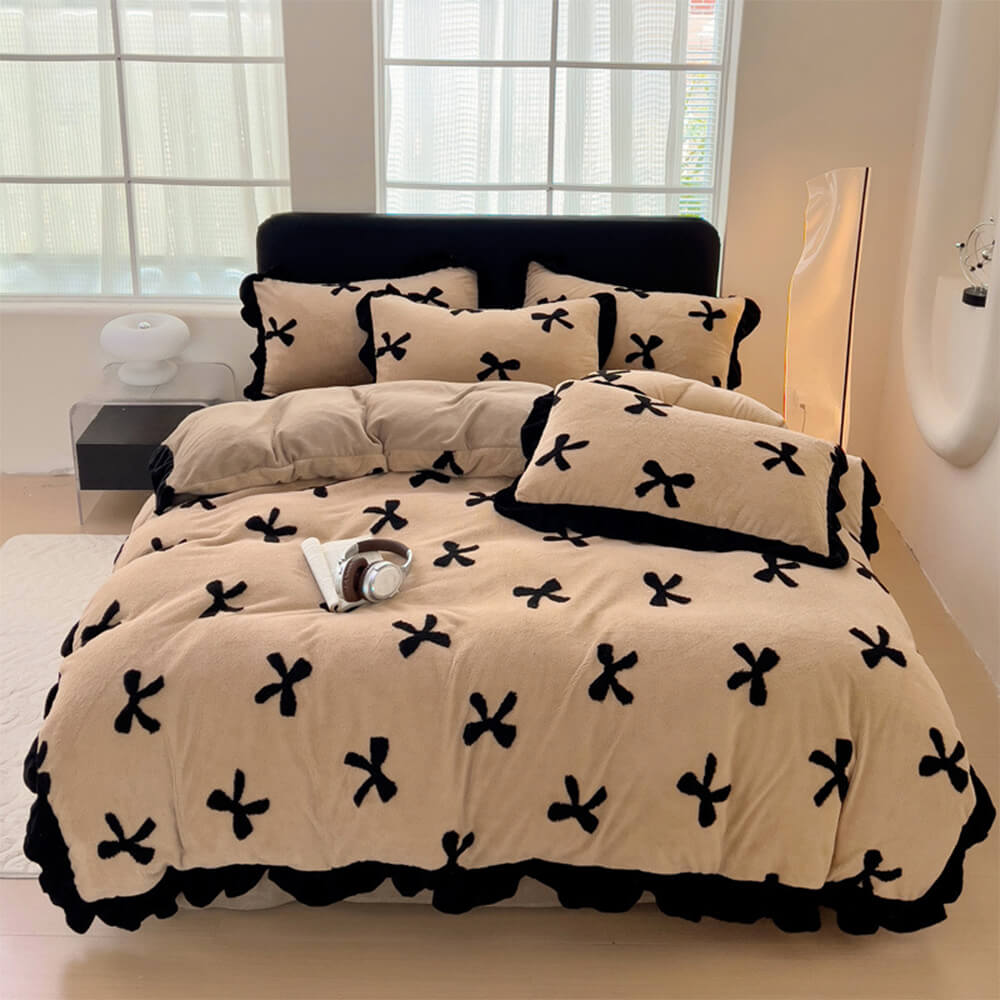 Romantic Bow knot Anti-Static Warm Milk Velvet Bed Sheet Set