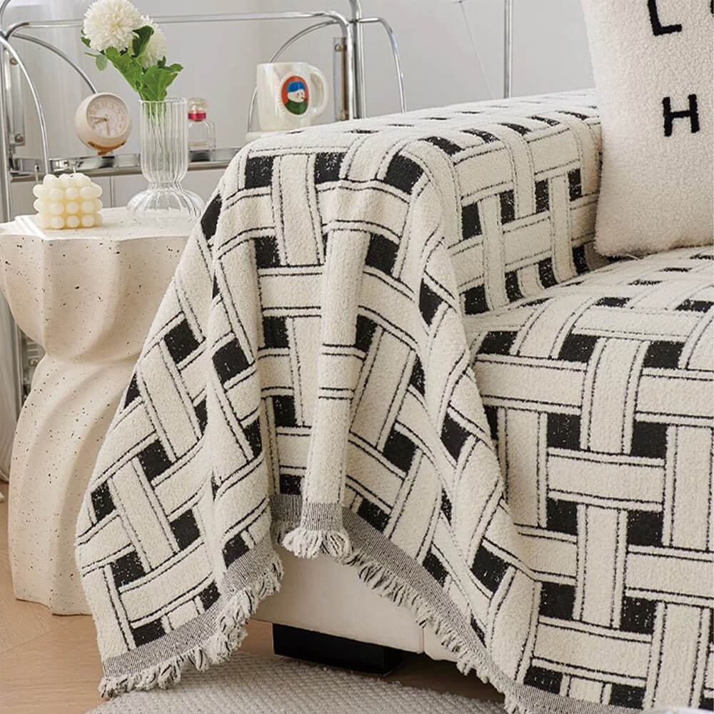 Stylish Chequered Fringed Tassel Chenille Sofa Protector Throw Couch Cover