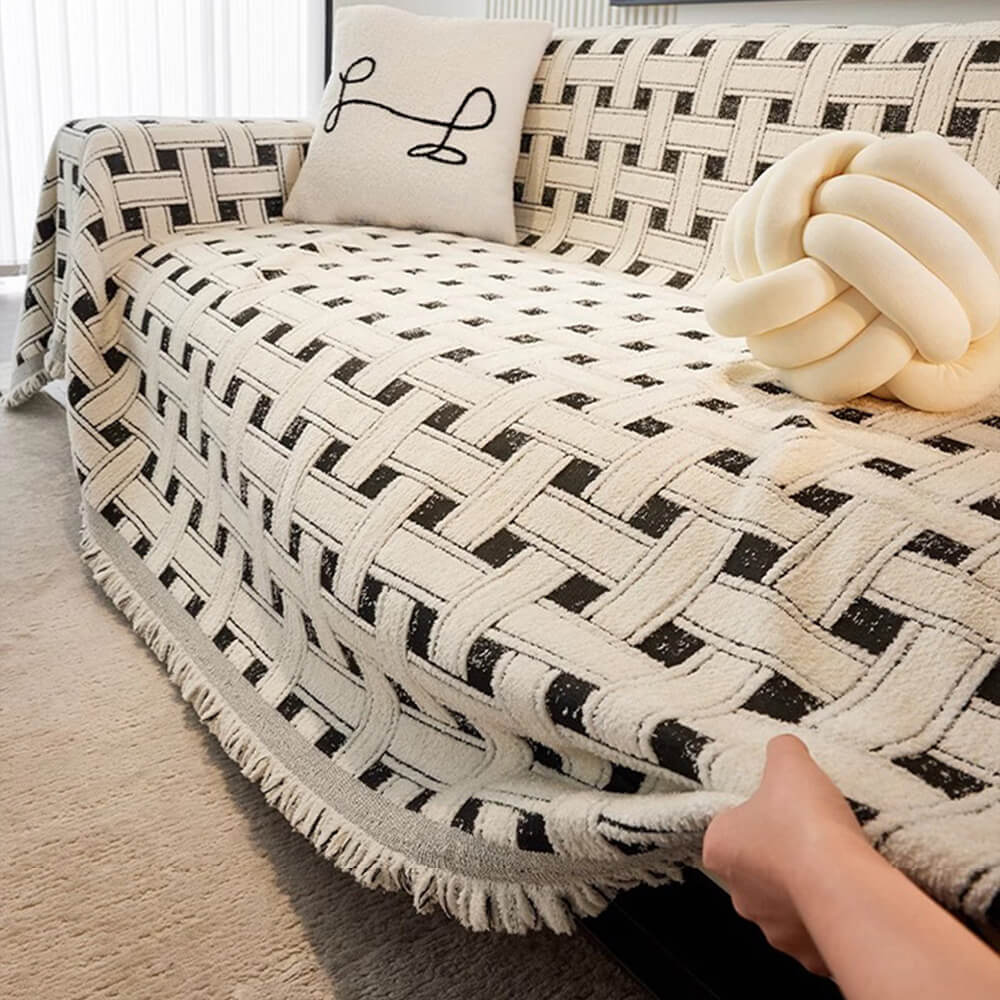 Stylish Chequered Fringed Tassel Chenille Sofa Protector Throw Couch Cover