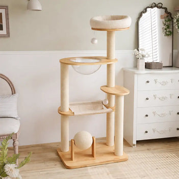 Wooden Multi-Level Climbing Frame Scratching Post Cat Tree With Hammock