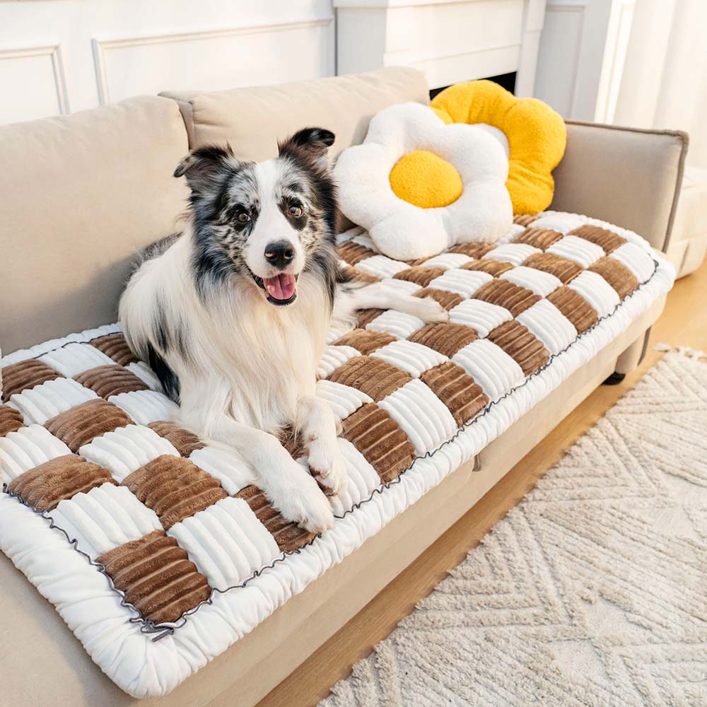 Cream-coloured Large Plaid Square Pet Carpet Bed Couch Cover