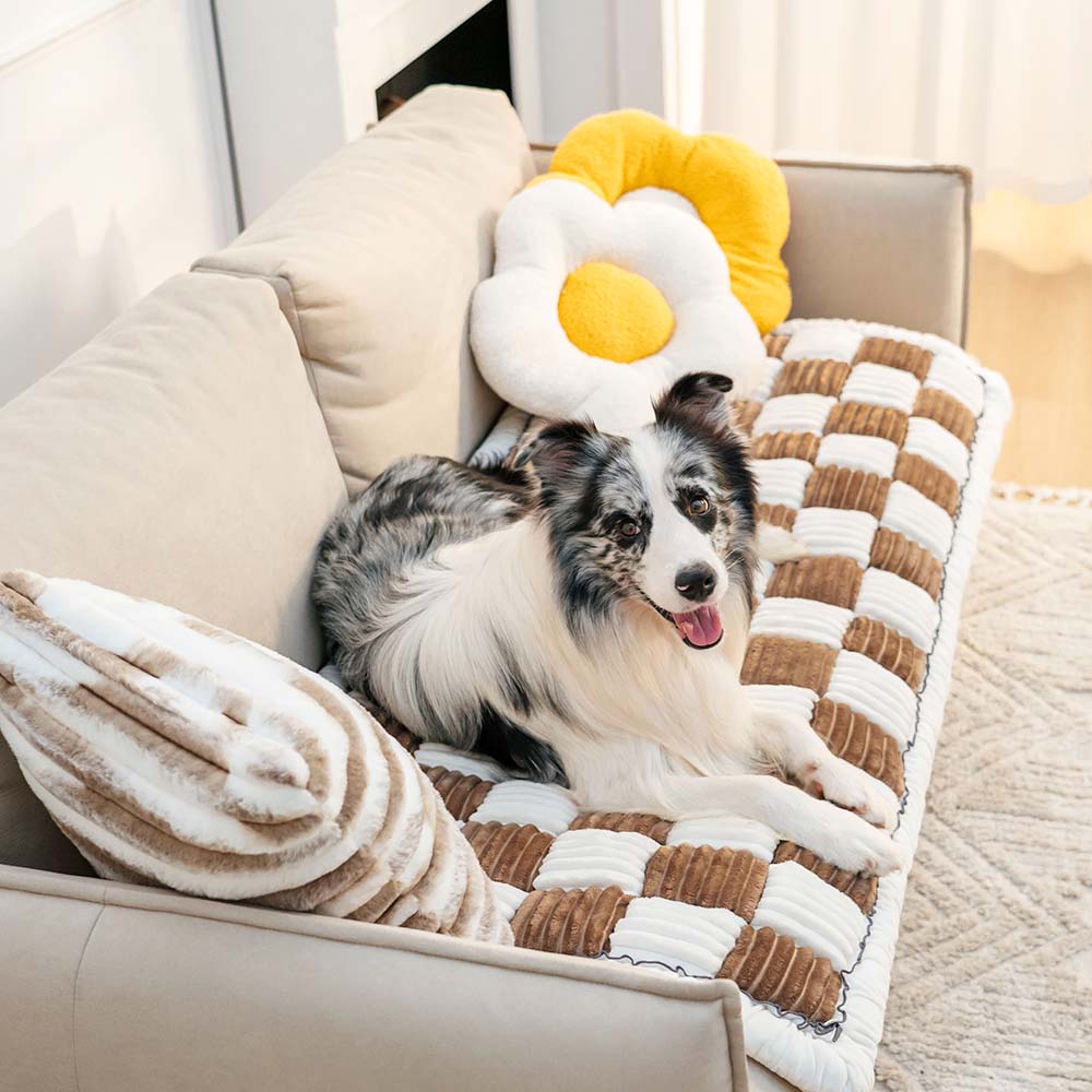 Cream-coloured Large Plaid Square Pet Carpet Bed Couch Cover