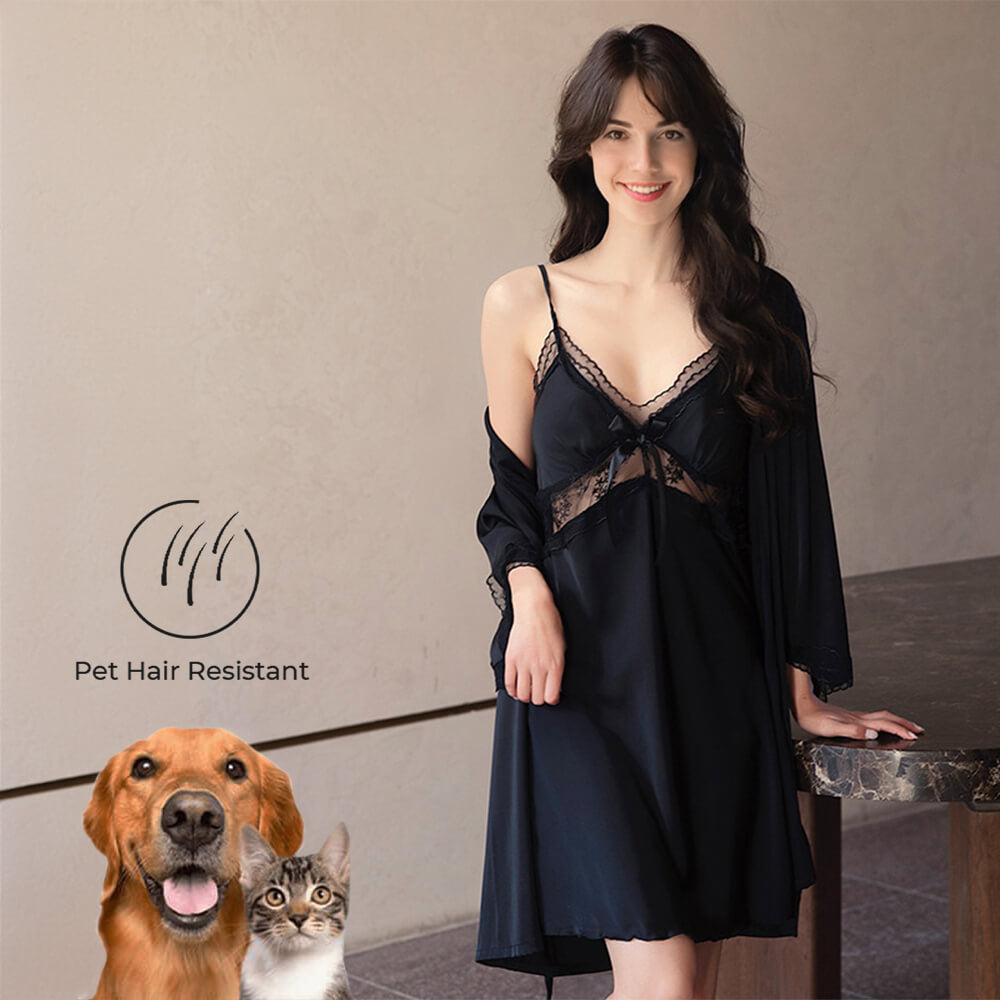 Elegant Sleepwear Lace Satin Cami Nightdress Robe Women Pajama Set