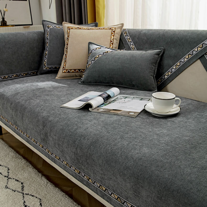 Geometric Decor Solid Colour Chenille Non-Slip Comfort Couch Cover