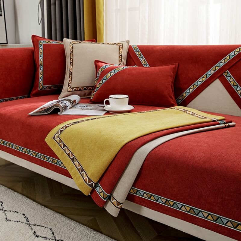Geometric Decor Solid Colour Chenille Non-Slip Comfort Couch Cover