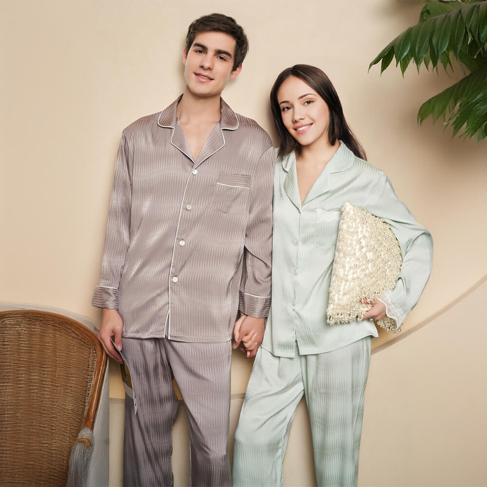 Ice Silk Striped Long-Sleeved Pajamas Skin-Friendly Pet Hair Resistant Couple Pajamas Set