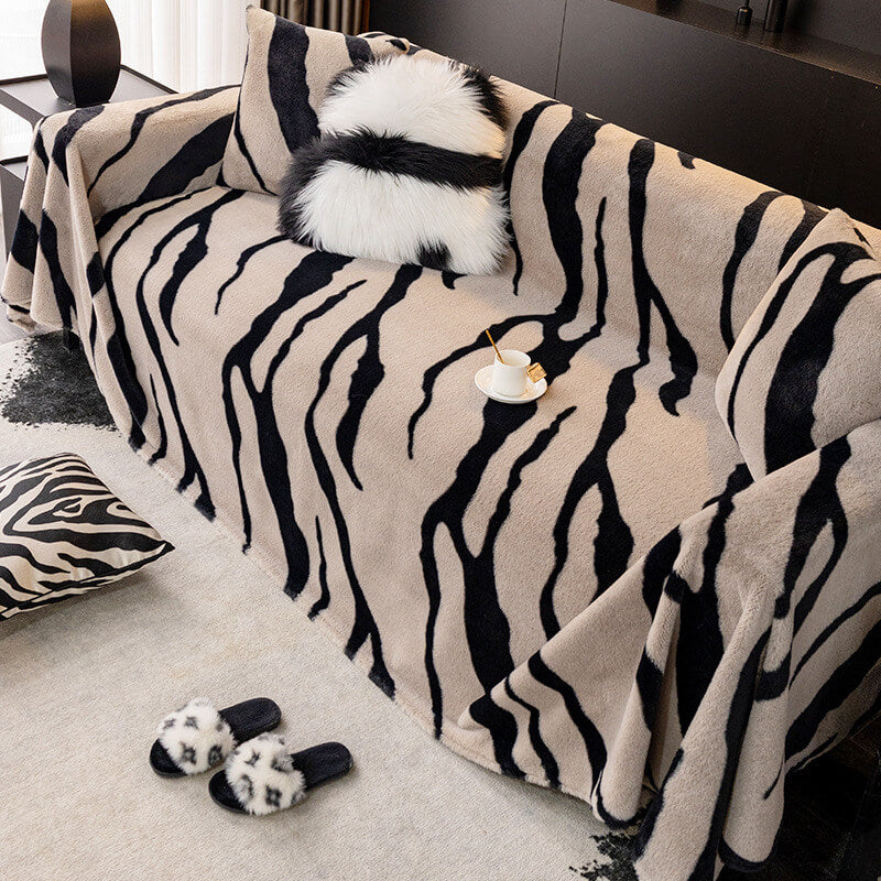 Luxurious Zebra-Print Fluffy Plush Sofa Protector Stylish Couch Cover