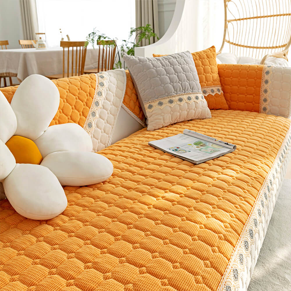 Bright Quilted Lace-Trimmed Non-Slip Couch Cover